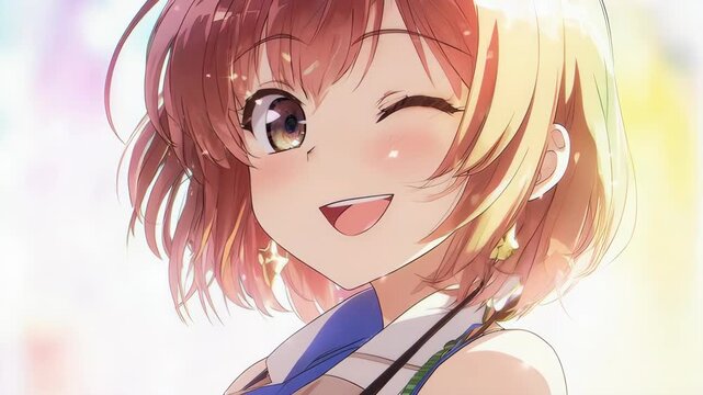 A charming close-up of a cute anime girl giving a playful wink and a smile. Great for friendly, inviting, and cheerful visual projects.