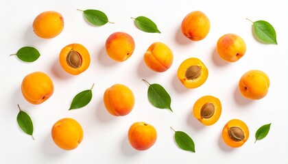 Fresh apricots&mdash;whole and halved with visible pits&mdash;scattered on white background with green leaves and vibrant orange hues.