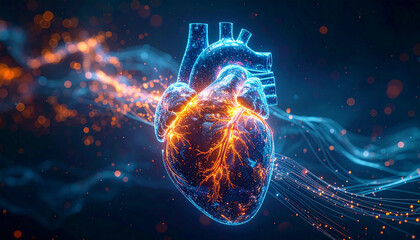 Glowing heart with orange and blue energy streams, digital art.