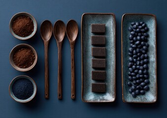 Dark food items arranged artfully on a blue surface