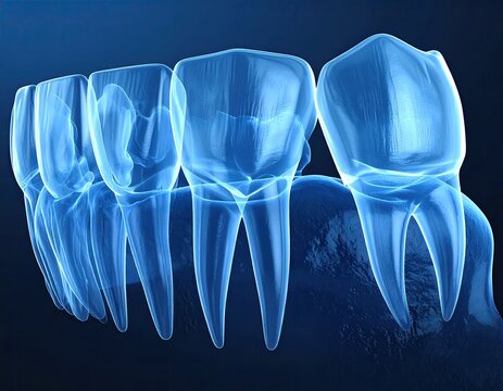 Translucent blue teeth aligned, digitally rendered closeup
