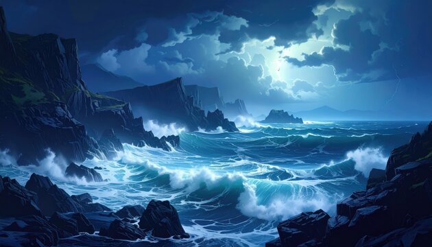 Stormy ocean waves crash against rocky cliffs under moonlit sky - Powered by Adobe