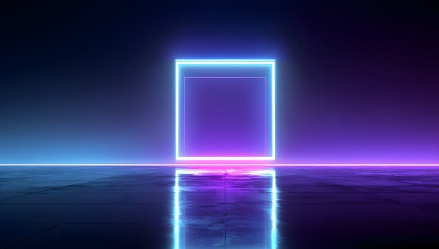 Illuminated rectangular portal emitting vibrant blue and purple light with reflective surface below - Powered by Adobe