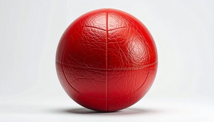 Red leather ball with curved stitching segments, smooth surface, minimalistic and crafted design.