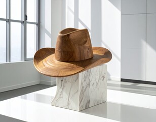 Wooden hat sculpture on marble stand in bright room