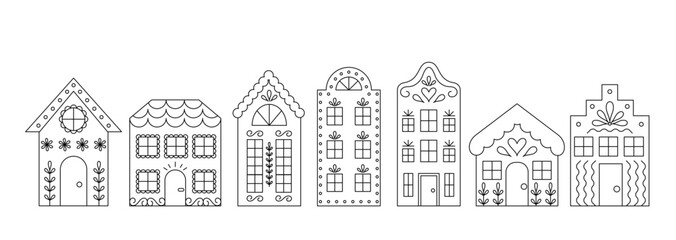 Naklejka premium Line Art Houses Collection. Cute Editable Stroke Fairy Tale Town Set. 