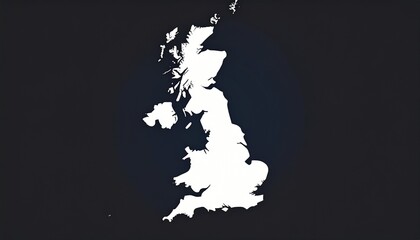 Map of the United Kingdom and Ireland in White on Dark Background, Stylized Silhouette Map of the British Isles for Geographic Visualizations