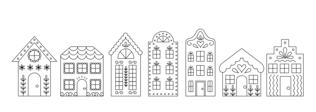 Line Art Houses Collection. Cute Editable Stroke Fairy Tale Town Set. 