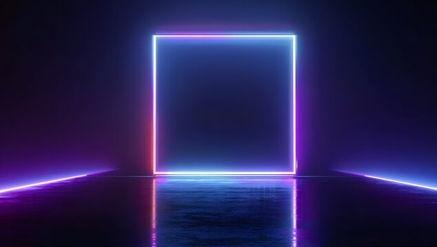 Illuminated rectangular portal emitting vibrant blue and pink neon light against a dark reflective surface