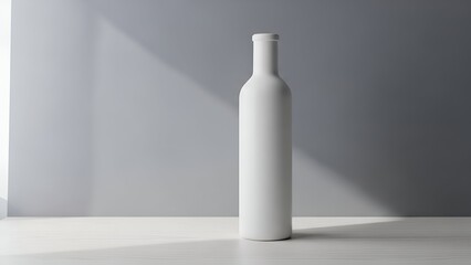 Minimalist White Bottle on Light Wooden Surface with Shadow in Modern Interior