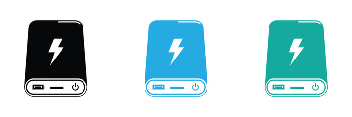 Power bank icon set offers phone charging on the go,Three power bank icons in black, blue, and green isolated on white background energy concept