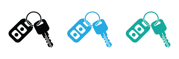 Modern car key icon set in black, blue, and teal colors,Three car key icons in black, blue, and green isolated on white background vehicle concept