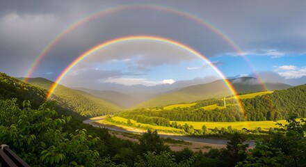 Fototapeta premium Rainbow appearing over a quiet valley after rain, dramatic yet peaceful scenery