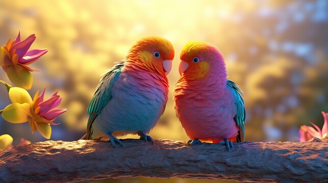 Colorful parrot pair perched on a branch in a soft, dreamy nature setting