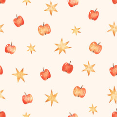 Cute seamless pattern with cartoon apples and stars. Watercolor hand-drawn texture for wrapping paper or textile on beige background. 