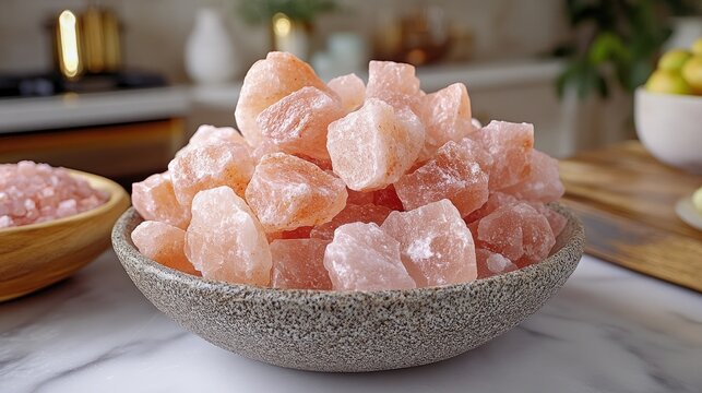 Himalayan Pink Salt Chunks Displayed in a Rustic Bowl on Marble Countertop