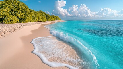 Imagine yourself relaxing on this stunning tropical beach with turquoise water and soft sand, perfect for vacation getaways and summer bliss under a bright blue sky