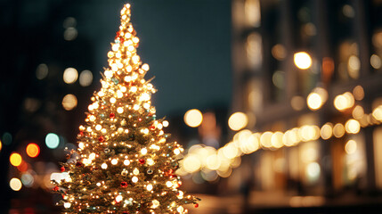 夜の街に輝くクリスマスツリーとイルミネーション
