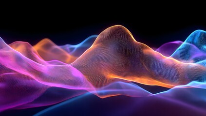 Obraz premium Abstract glowing mountain peaks with vibrant neon purple and orange light illuminating a dark undulating landscape
