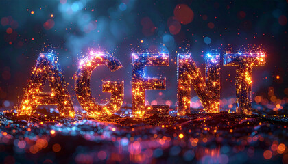 Dynamic digital render of the word AGENT, glowing with vibrant, swirling particles against a dark, abstract background, representing technology and data intelligence