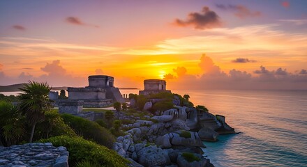 Tulum Ruins at Sunrise - Ancient Mayan City on the Coast.