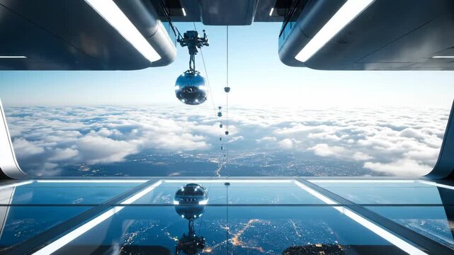 Futuristic space elevator terminal floating above clouds. High-altitude station with long tether extending downward through atmosphere. Sci-fi orbital transportation concept and space travel