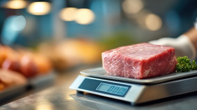 Meat weighing process butcher shop closeup of digital scale display culinary environment professional perspective accurate measurement