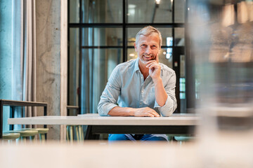 Smiling businessman seated in modern office portrait