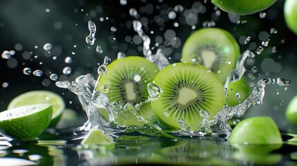Fresh Kiwi Slices Splashing into Water with Dynamic Motion and Sparkling Droplets