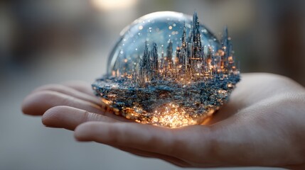 Hand holding glowing orb projecting holographic cityscape futuristic environment close-up view technology concept