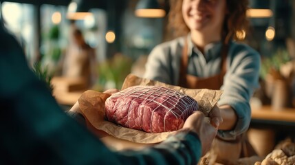 Happy customer receiving wrapped meat package at local butcher shop indoor market close-up focus quality food experience