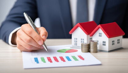 Real estate trends analysis with financial chart and small house models coins showing investment insight and confident decision making