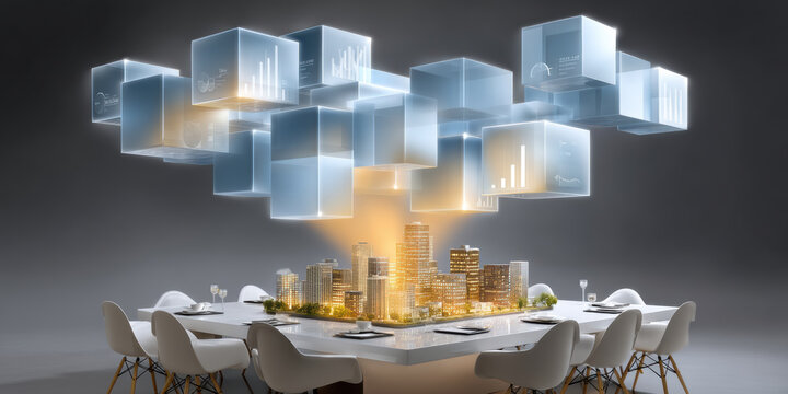 Smart city real estate trends futuristic meeting table with miniature urban model and floating data cubes showing growth optimism