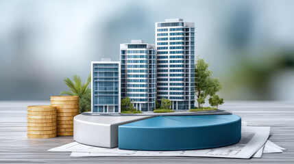Modern real estate trends show urban condominium investment rising with pie chart analysis coins and miniature highrise model in planning scene