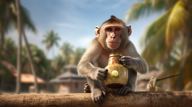 Adorable macaque monkey sitting on branch holding a tropical beverage jar