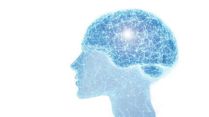 A digital representation of a human head with a glowing brain and network connections visible inside on transparent background