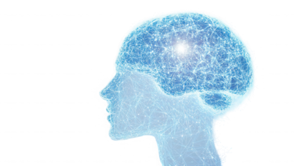 A digital representation of a human head with a glowing brain and network connections visible inside on transparent background