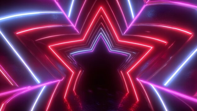 Vibrant abstract tunnel formed by intersecting neon star shapes in electric blue and fiery red hues