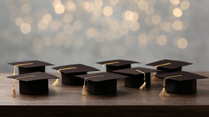 commencement. Neatly arranged graduation hats against a softly blurred background, celebrating academic achievement. event programs.