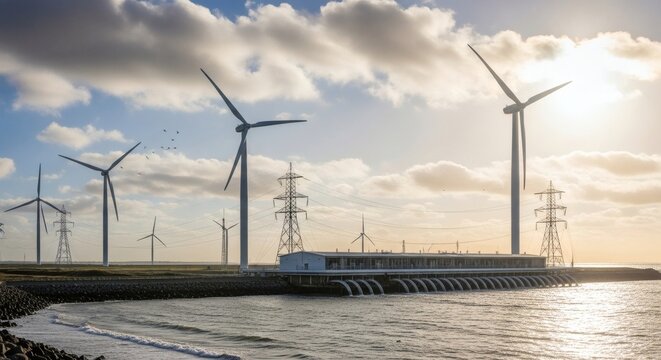 Wind turbines energy farm renewable power generation sustainable electricity coast landscape - Powered by Adobe