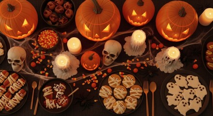 Halloween party table decorations ideas with pumpkins sweets and spooky treats display