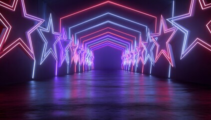 An illuminated futuristic tunnel adorned with glowing neon stars and geometric shapes creating a vibrant otherworldly pathway