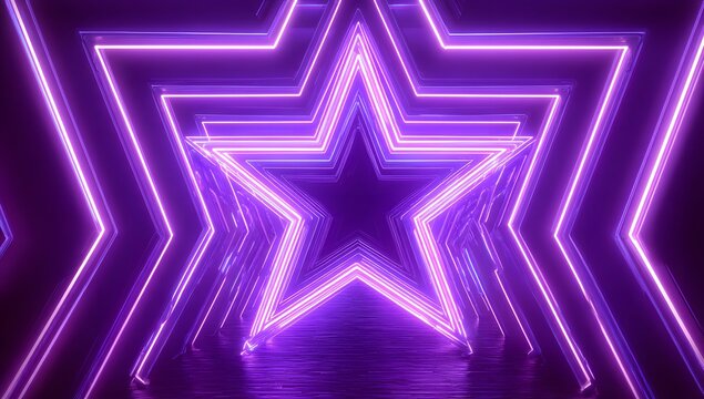 Vibrant purple neon star tunnel abstract background with geometric shapes and reflective surface creating a mesmerizing visual experience