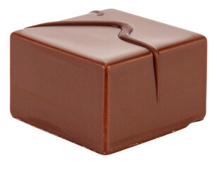 Chocolate cube isolated on white background. Dark cocoa piece for confectionery, dessert, or sweet snack concept.