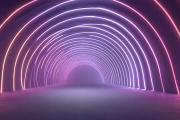 Illuminated archway tunnel with vibrant neon light arcs creating a futuristic and abstract glowing pathway
