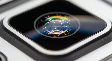Close up macro lens photography of smartphone camera with rainbow flare effect stock photo
