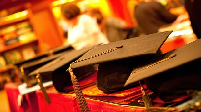 commencement. Neatly arranged graduation hats against a softly blurred background, celebrating academic achievement. event programs.