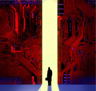 Silhouette of businessman with briefcase standing in front of circuit board entrance