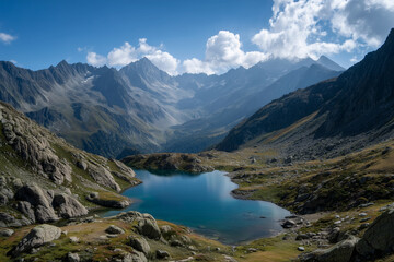 A mountain range with a large lake in the middle