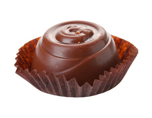 Shiny chocolate praline isolated on white. Elegant, dark confection for a luxury dessert.